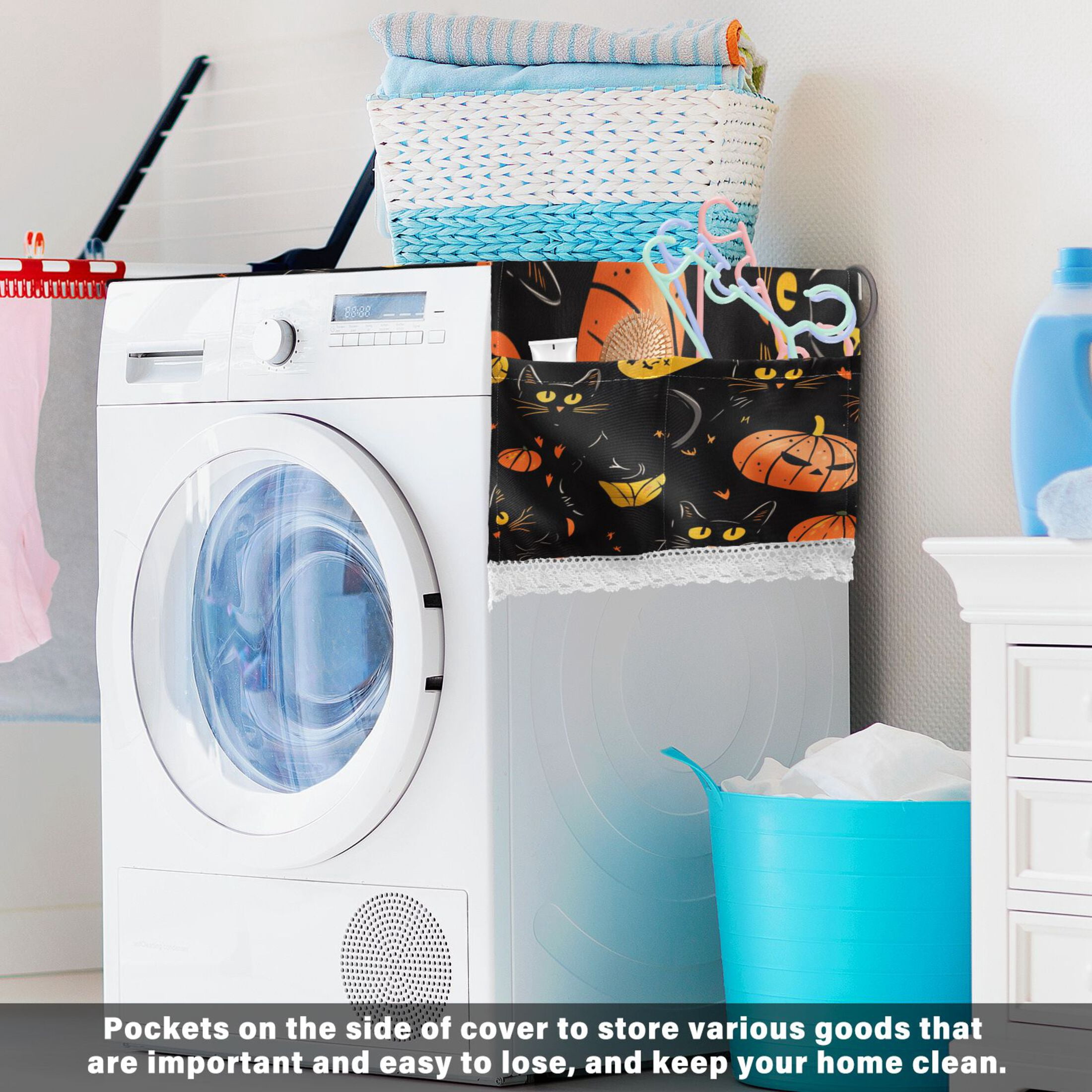 Halloween CatWasher and Dryer Covers Dust-Proof and Oil Resistant Fridge Cover with 4 Storage Pockets Washing Machine Top Cover for Laundry Kitchen Home 51.2 x 22 In