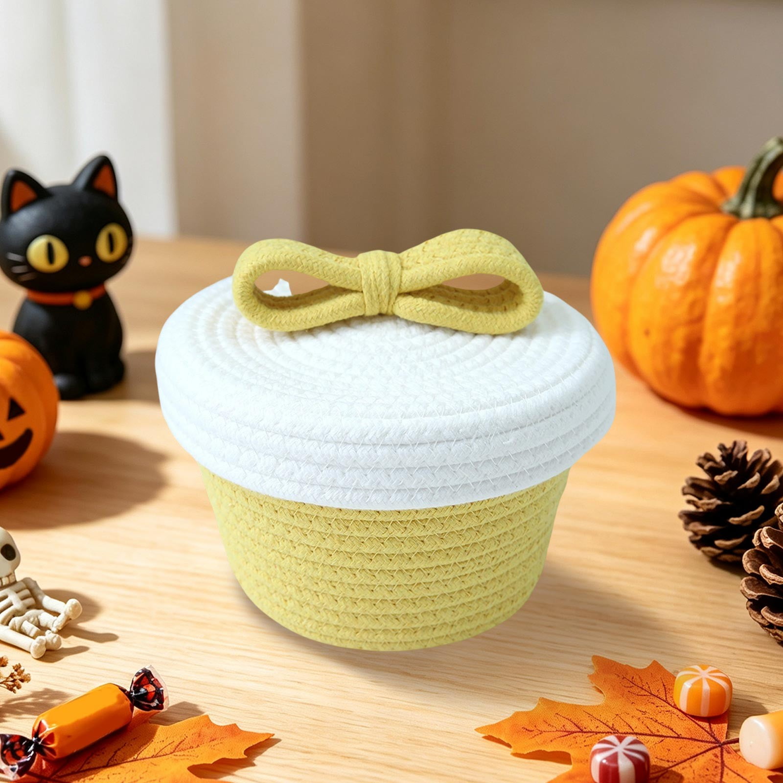 Cotton Rope Storage Bin with Bow Decor Two Tone Woven Holiday Sweets Caddy Storage Basket with Lid for Desktop Household Stuff