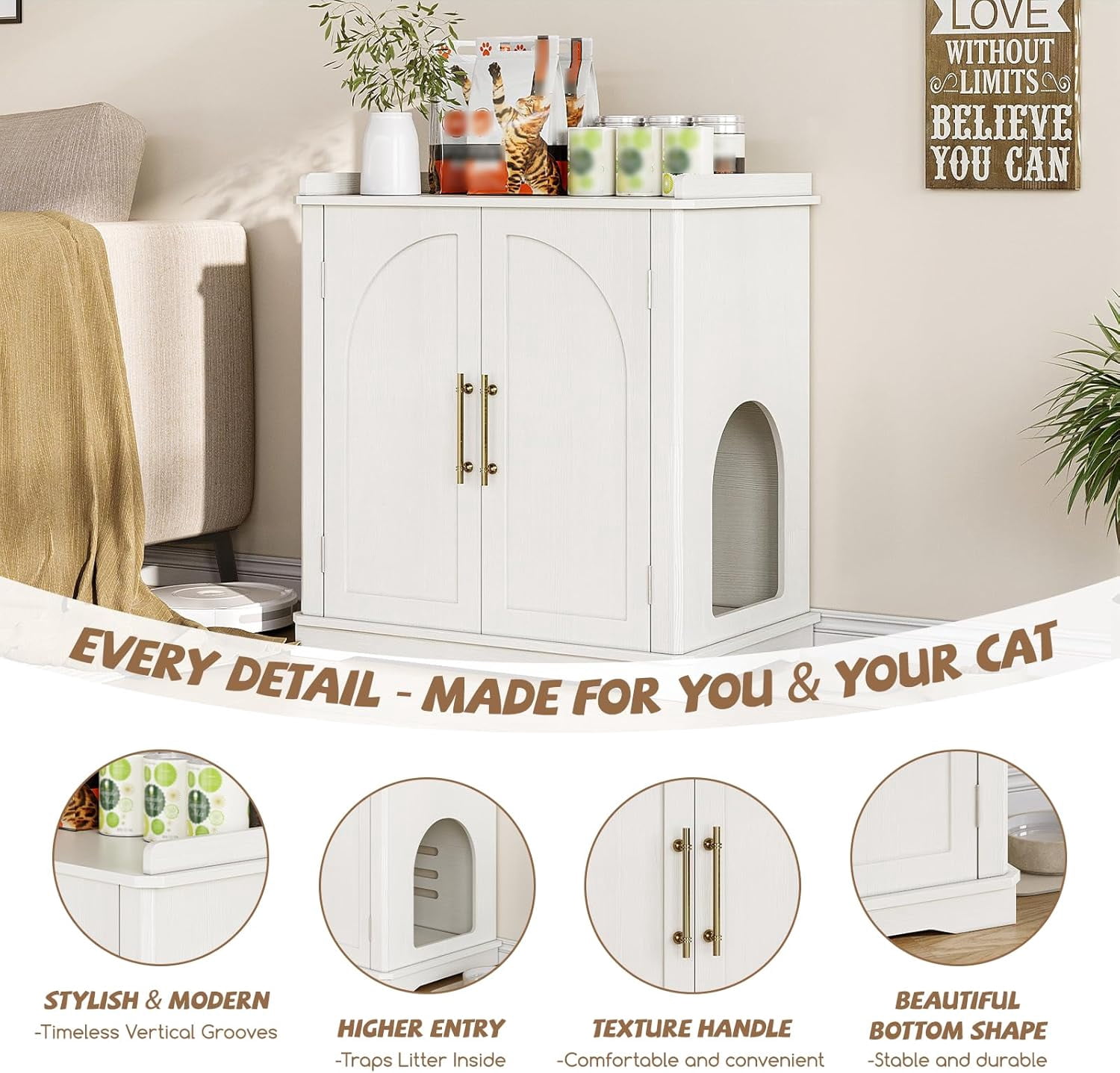 VEANERWOOD 33.5"H Hidden Cat Litter Box Enclosure Furniture Multi-Functional Cat Litter Box Washroom with Removable Dividers for Bedrooms, Living Room, Hallway