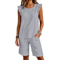 thumbnail image 6 of BODOAO Women's Fashion Jumpsuit Ruffle Sleeve Crew Neck Romper Drawstring Overalls with Pockets, Casual Summer Travel Beach Vacation One Piece Outfit for Daily Wear Outfit Light Ashy 3XL, 6 of 7