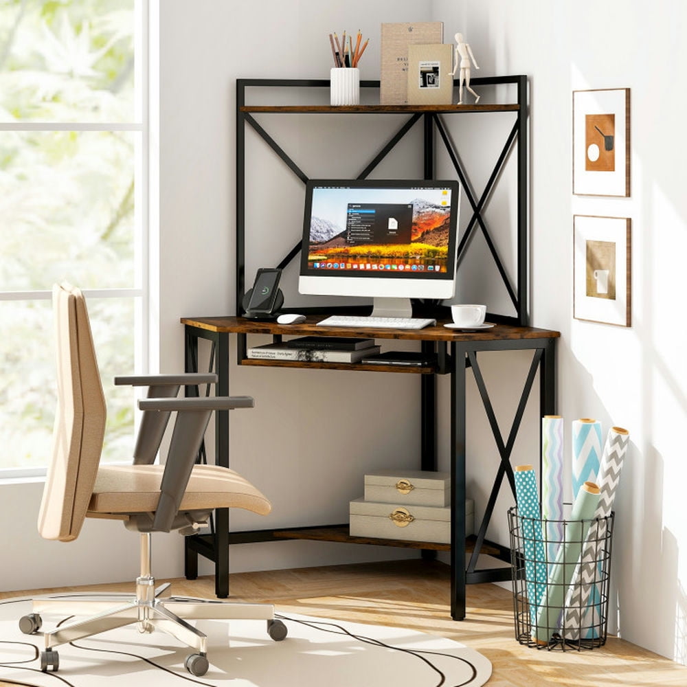 Demi Bonn Space-Saving Corner Computer Desk with with Hutch and Keyboard Tray, Small Home Office Desk Study Writing Table, Brown