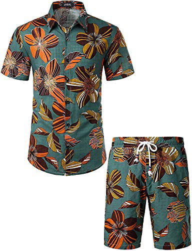 JOGAL Men's Flower Casual Button Down Short Sleeve Hawaiian Shirt Suits 