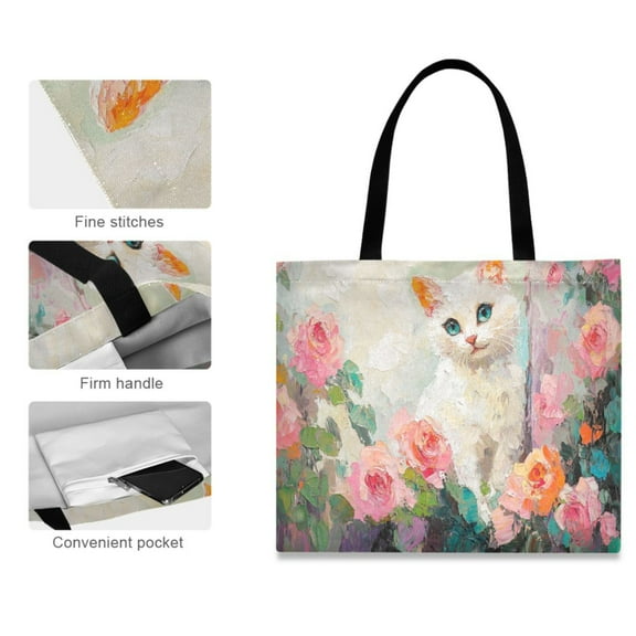 Canvas Tote Bag for Women Girls Design Print Cat with Colorful Flowers Tote