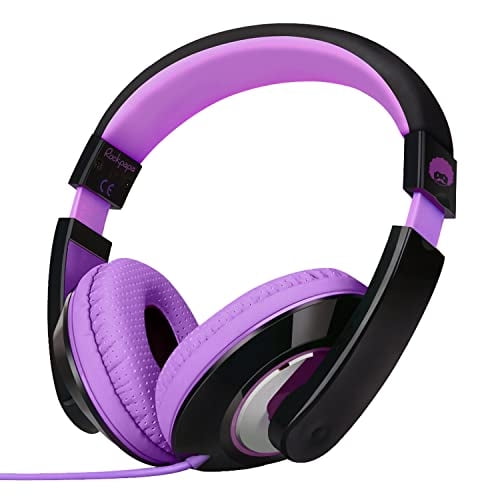 Cascos para niños Rockpapa ultraligeros over-ear 3.5mm negro/morado