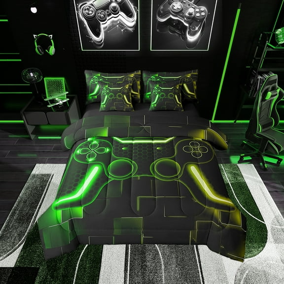 Gaming Bedding Set Yellow Green Gamer Bed In A Bag With Sheets Teen Bedroom Set,Cool Video Game Black Twin Comforter Set 7 Piece,Geometric Checkered Bed Set