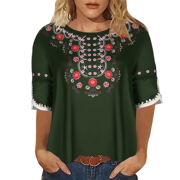 Moda mujer verano sexy cuello redondo impreso regular mujeres manga corta top Fridja zx2877