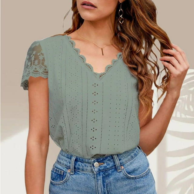 Georges Hauts pour Femmes Chic Décontracté Mode Hauts Décontractés pour Femmes Couleur Unie Col en V Dentelle Couture Manches Courtes Chemisiers Amples