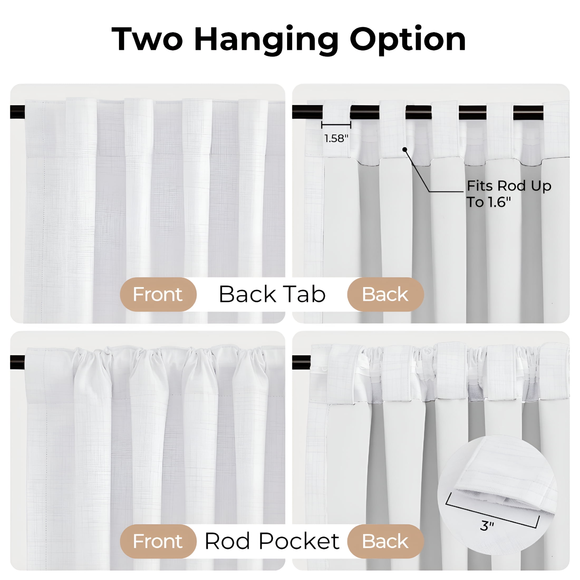 AUQ 100% Blackout Faux Linen Curtains for Bedroom 90 Inches Long,2 Panels Set Curtains for Kitchen Windows,Thermal Insulated Back Tab Drapes,50"Wx90"L,Bright White