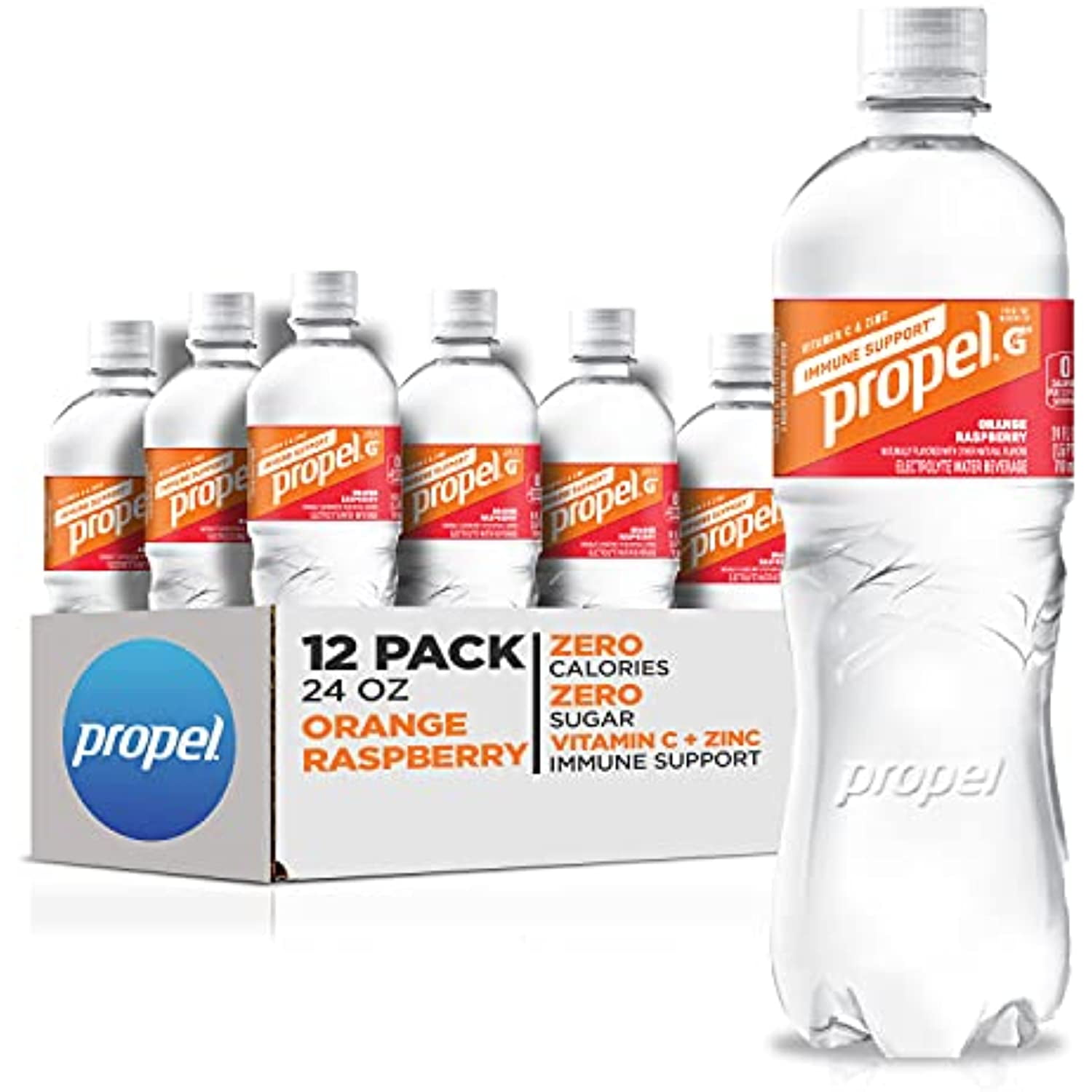 Propel Immune Support With Vitamin C + Zinc, Orange Raspberry, 24Oz Bottle, Pack Of 12