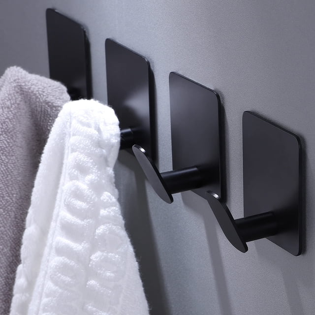 Ganchos adhesivos - Paquete de 4 ganchos para toallas/abrigos, ganchos de pared para pegar en el baño o la cocina (negro mate, acero inoxidable)