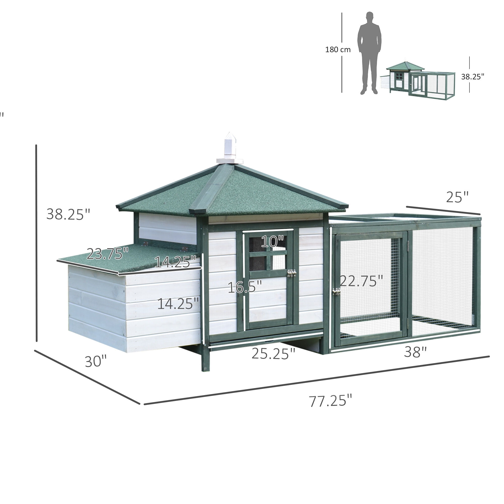 Dog Crate, PawHut 77" Wooden Chicken Coop with Nesting Box, Cute Outdoor Hen House with Removable Tray, Ramp Run, for Garden Backyard, Green, White Pet Playpen,Wood Chicken Coop