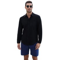 Men's Cotton Linen Sets 2 Piece Long Sleeve beach outfits Button Down Shirts and Shorts