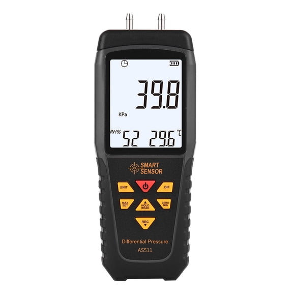 SMART SENSOR AS511 Manomètre Numérique de Pression Différentielle -39.98-39.98kpa Manomètre Double Port Testeur de Pression d'Air et de Gaz avec Écran Rétroéclairé LCD Supporte la Mesure de l'Humidité 12 Unités de Données
