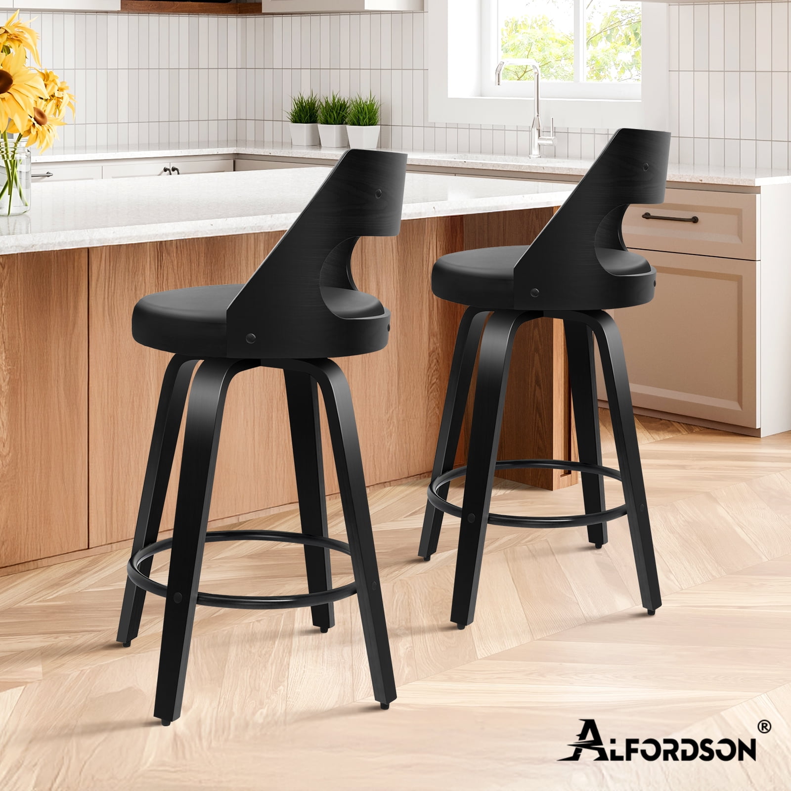 ALFORDSON Counter Height Bar Stools Set of 2, 26" Swivel PU Leather Upholstered Barstools with Curved Bentwood Back & Legs, Mid-Century Modern Bar Chairs for Kitchen Island, Dining, Home Bar, Black