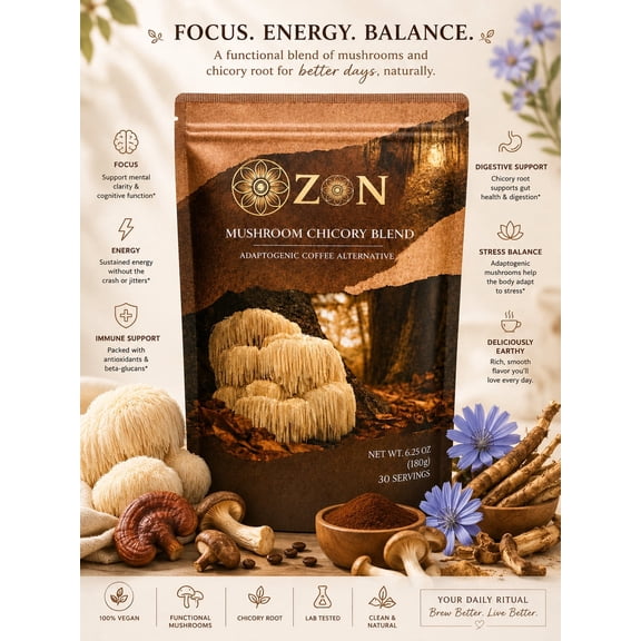 ZON Mushroom Coffee Alternative, Caffeine Free Instant Chicory Blend with Lions Mane, Reishi, Cordyceps, Turkey Tail, Shiitake & King Trumpet, MCT   Coconut Oil Powder,  180g (30  Servings)