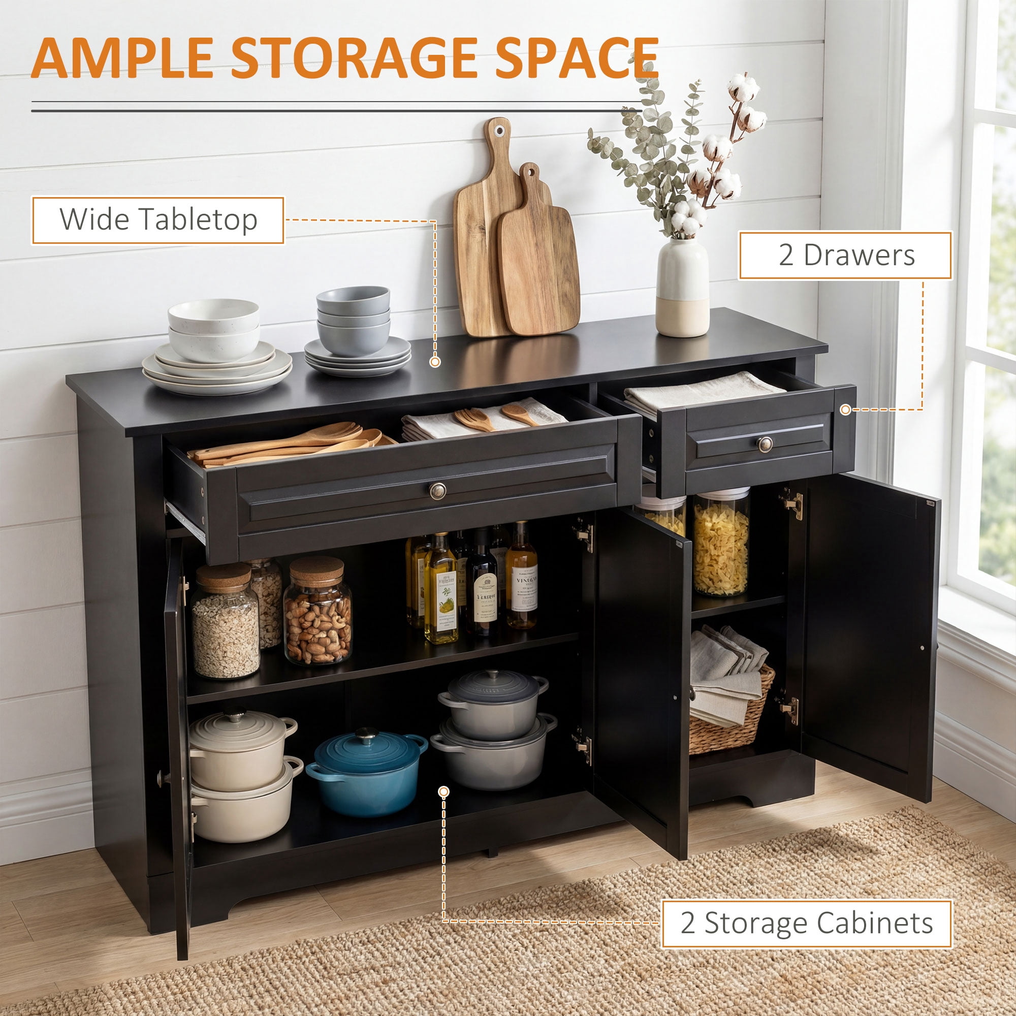 HOQBN Sideboard Buffet Cabinet, Modern Accent Cabinet with 2 Drawers and Adjustable Shelves for Kitchen and Living Room Black