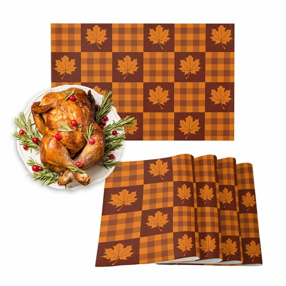 Fall Placemats Set of 4 Orange Brown Lattice Table Place Mats Thanksgiving Placemat Maple Leaves Table Mats for Dining Kitchen Table Holiday Dinner Party Home Fall Decorations 13x19 Inch