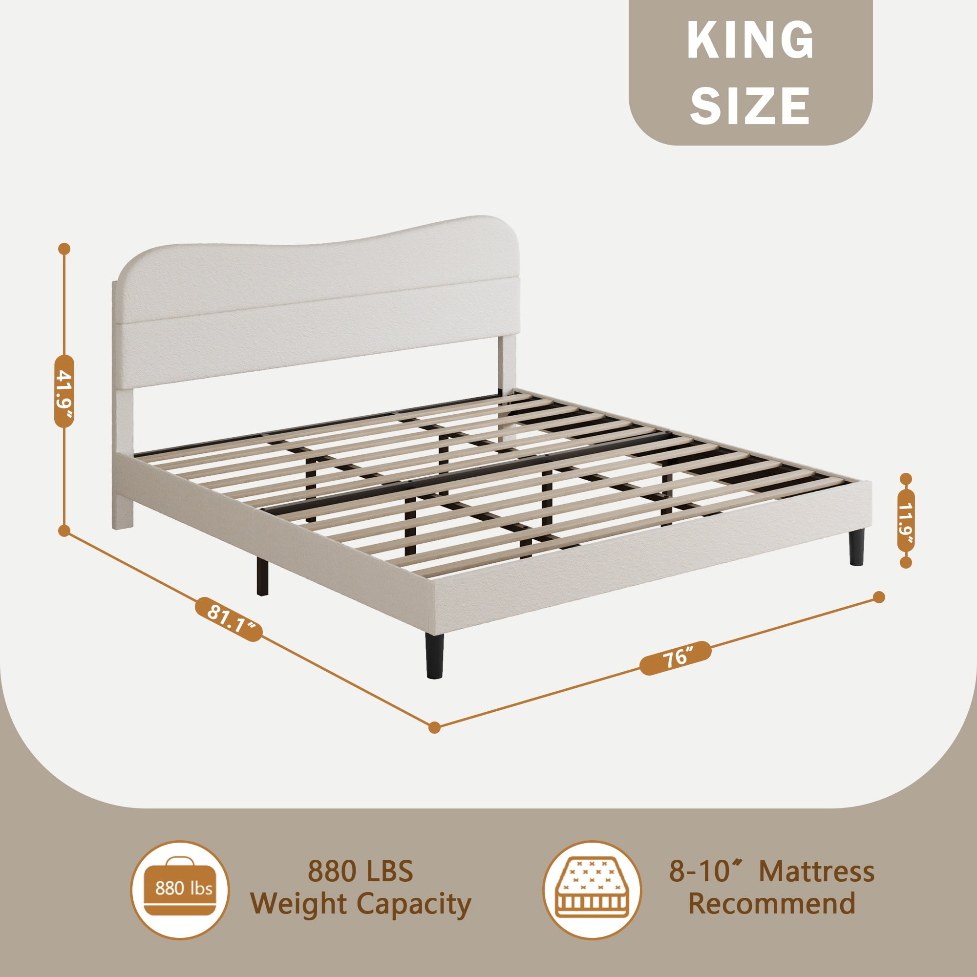 Tydimor King Bed Frame with Teddy Velvet Soft Curved Headboard, Platform Bed Easy Assembly, Noise-Free, White