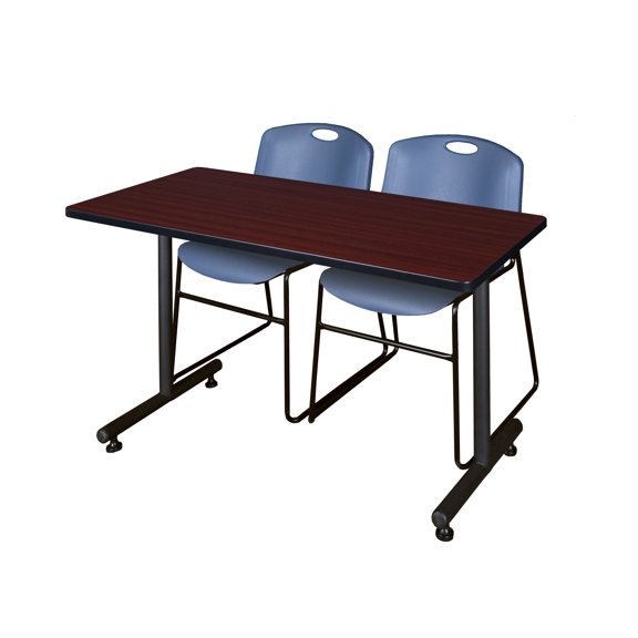 Regency Kobe 48 x 30 in. T-Base Training Seminar Table- Mahogany, 2 Zeng Stack Chairs- Blue
