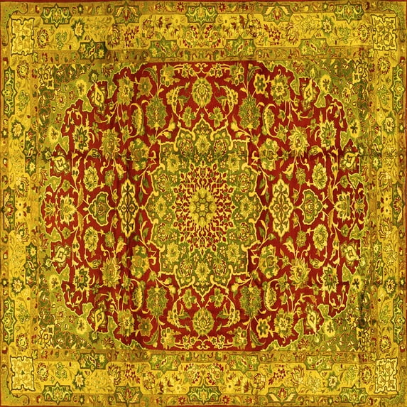 Ahgly Company Machine Washable Indoor Square Medallion Yellow Traditional Area Rugs, 5' Square