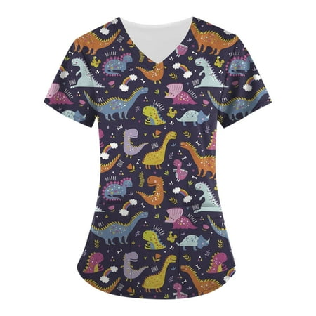 

Knosfe Women s Cute Print Classic Fit Summer V Neck Casual Short Sleeve Scrub Top Female S