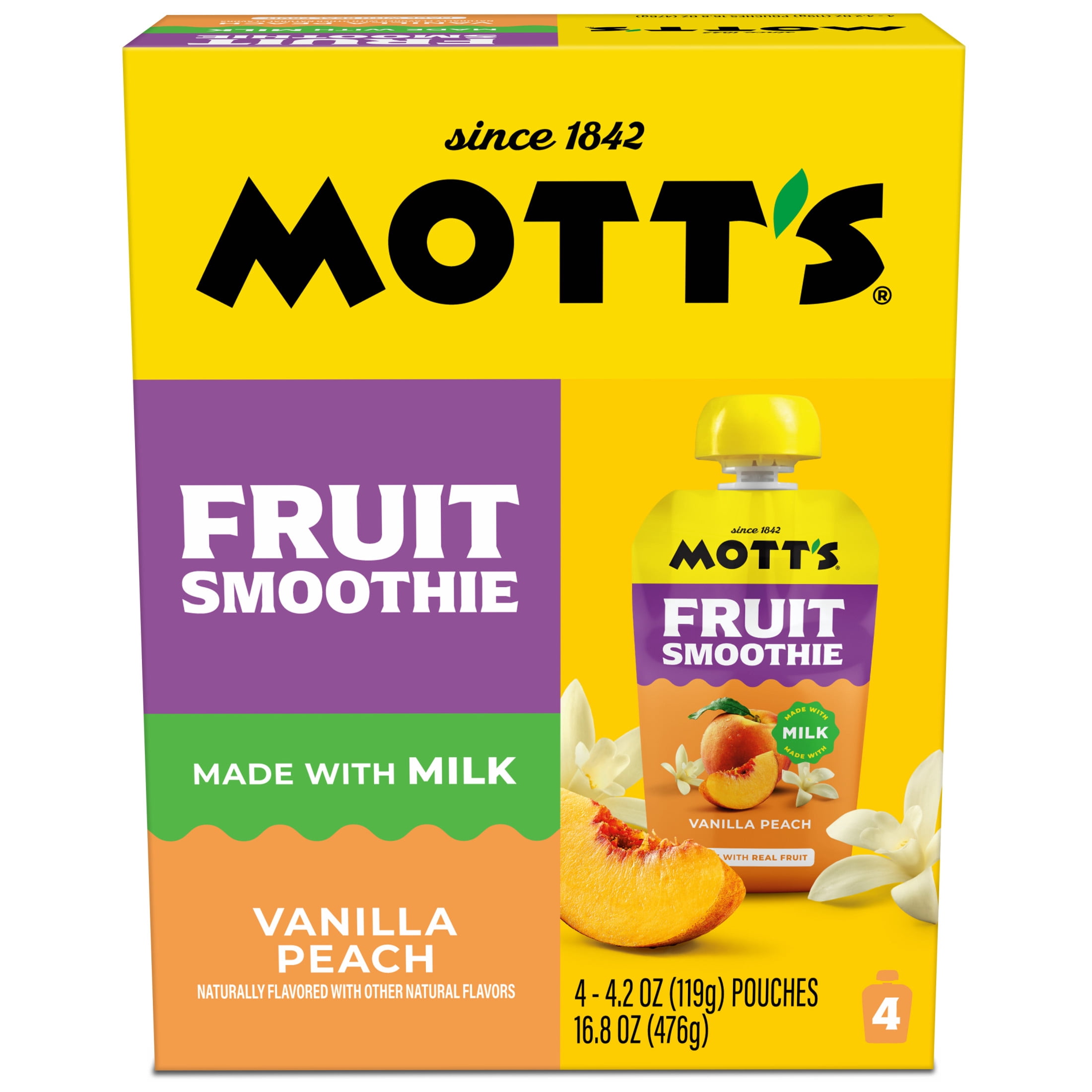 (3 pack) Mott’s Fruit Smoothie Vanilla Peach, 4.2 oz, 4 Pack Pouches