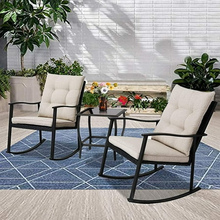 SUNCROWN 3-Piece Patio Furniture Outdoor Rocking Bistro Set Black Wicker Chairs with Glass Table (Beige Cushions)