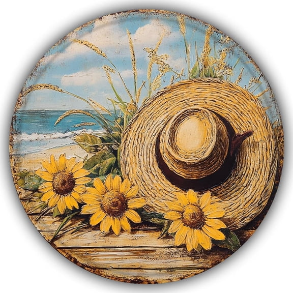 Straw Hat Flowers Funny Summer Metal Tin Sign Vintage Round Wall Decor for Home Porch Patio Garden Yard Indoor Outdoor Metal Wreath Sign 8 inch