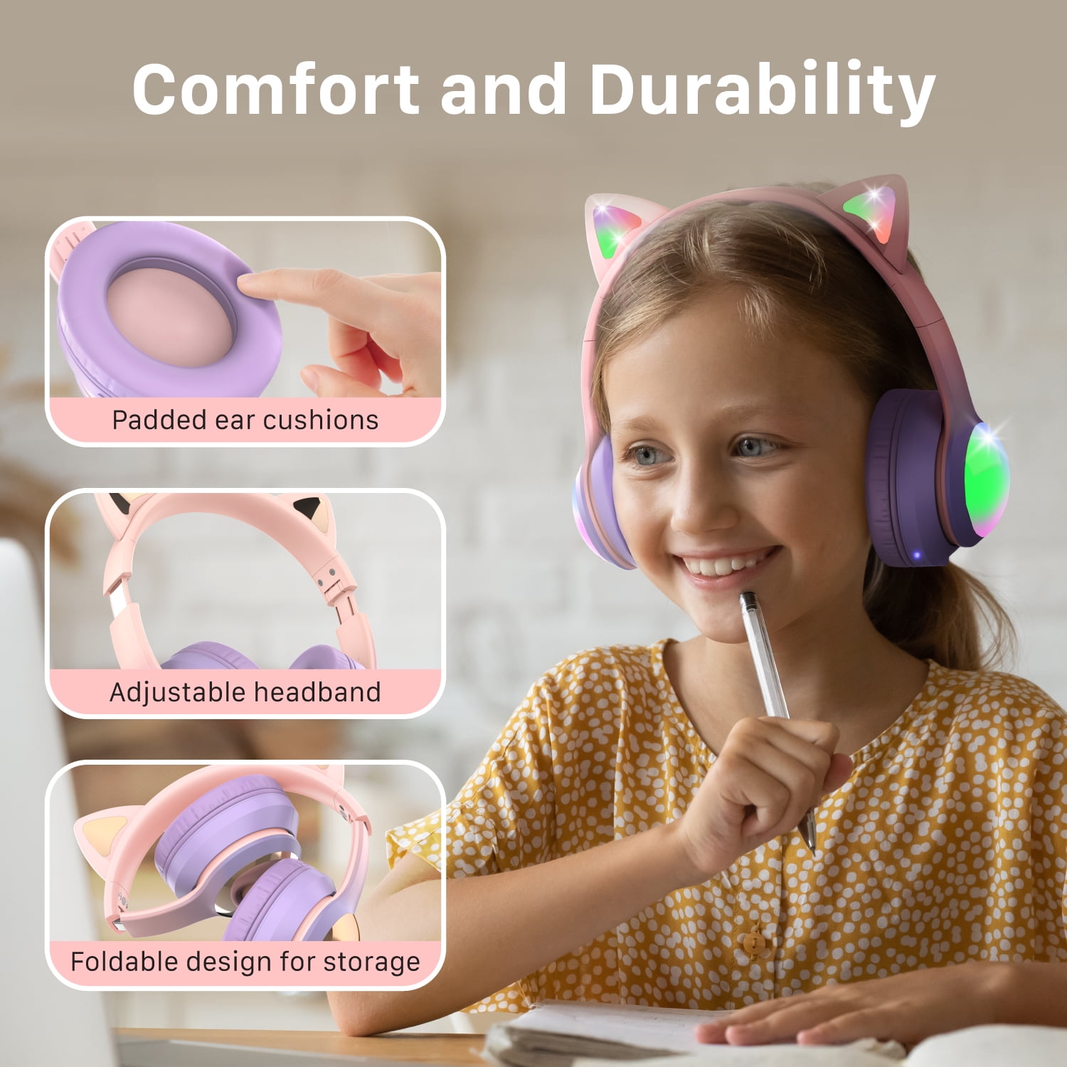 FosPower Kids Bluetooth Headphones with LED Cat Ears (85/94dB Volume Limit & 60H Play Time) Foldable Wireless/Wired Headset with 3.5mm Cable for School/Travel - Light Pink/Light Purple