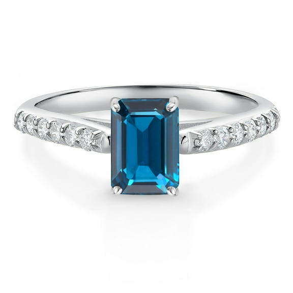Gem Stone King 1.32 Ct Emerald Cut London Blue Topaz G/H Lab Grown Diamond 10K White Gold Engagement Ring (Size 5)