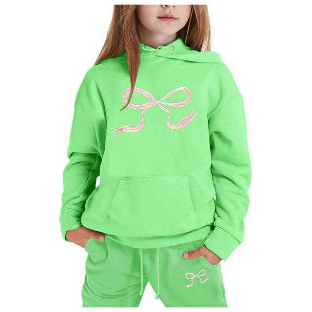 GDREDA Girls Outfit Set Children's Hoodie Set With Bow Print Green,4-5Years