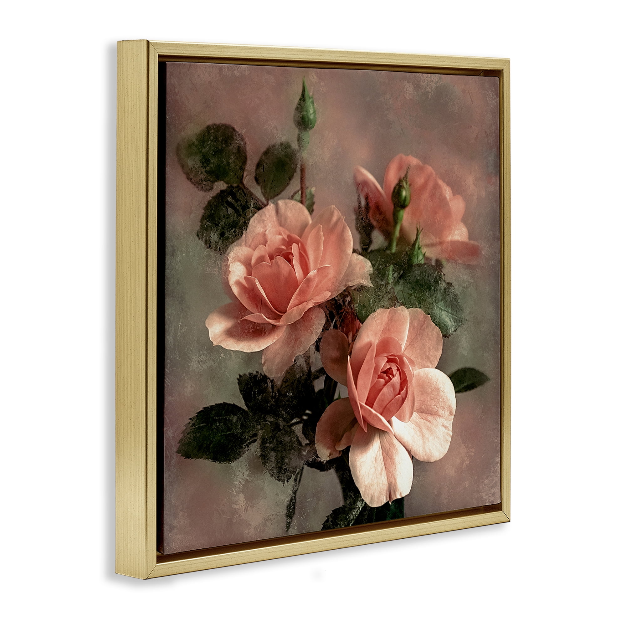 Stupell Industries Vintage Blush Petals Plants & Flowers Painting Gold Floater Framed Canvas Art Print Wall Art, 18 x 18