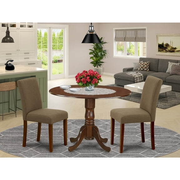 Round Dining Table Set 42" Table w/ Drop Leaves & 2 Parsons Chairs - Linen Fabric, Mahogany Legs