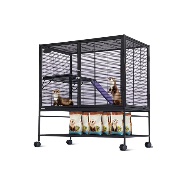 Multi Level Small Animal Cage with Ramp and Storage Shelf, Metal Ferret Habitat for Hamster Chinchilla Rabbit Guinea Pig Hedgehog, Removable Tray and Rolling Casters
