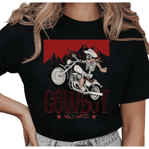 UNISHE Women's Wild West Cowboy Skeleton Motorcycle Graphic Short Sleeve T-Shirt Casual Cotton Crewneck Top
