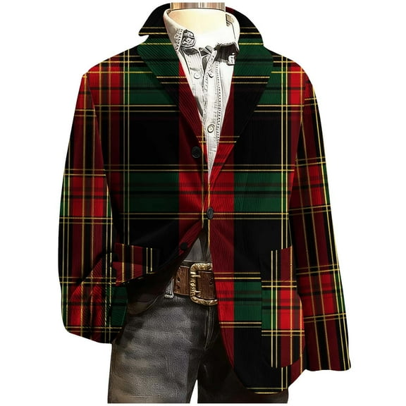 Christmas Outfits for Men Corduroy Suit Blazers Notched Button Up Long Sleeve Snowflakes Plaid Party Dressy Jacket (XL, Red F)