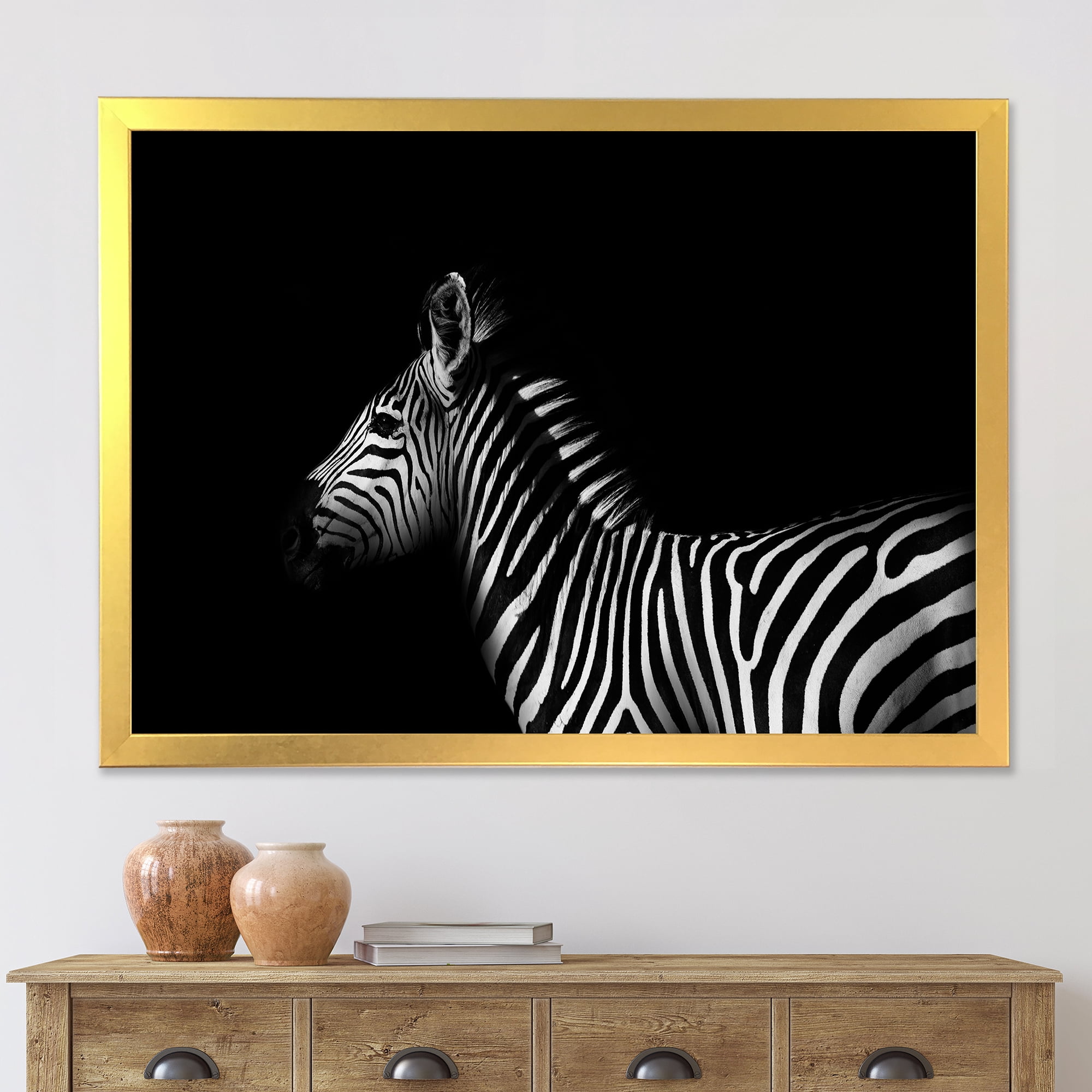 Designart 'Sideview Of Zebra In White and Black' Farmhouse Framed Art Print
