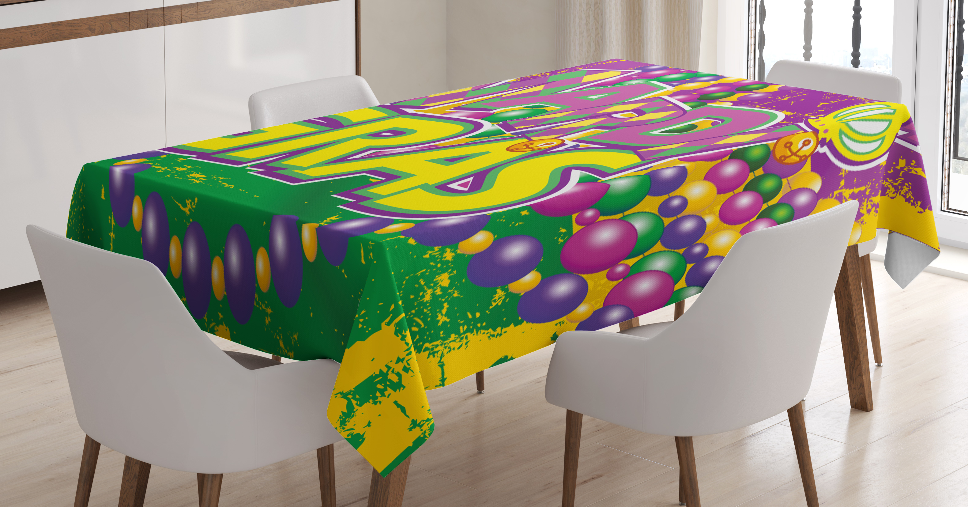 Mardi Gras Tablecloth Grunge Background With Colors Vivid Beads Vintage Letters Joyful Print
