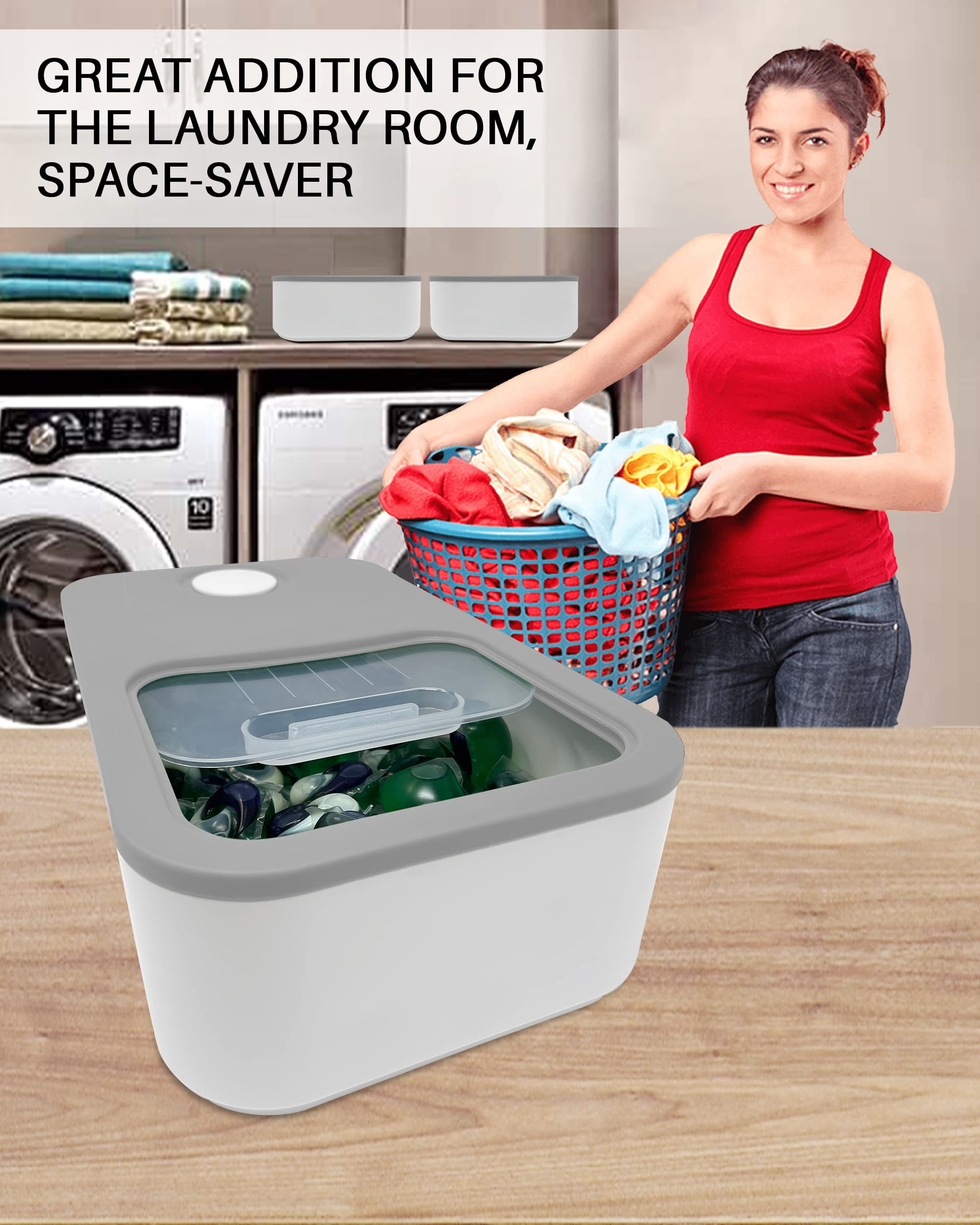 Skywin Laundry Pod Container with Sliding Lid (2 Pack) - Stylish Laundry Pod Storage Container for Laundry Room Container Organization great as Laundry Detergent Container, Dishwasher Pod (Grey)