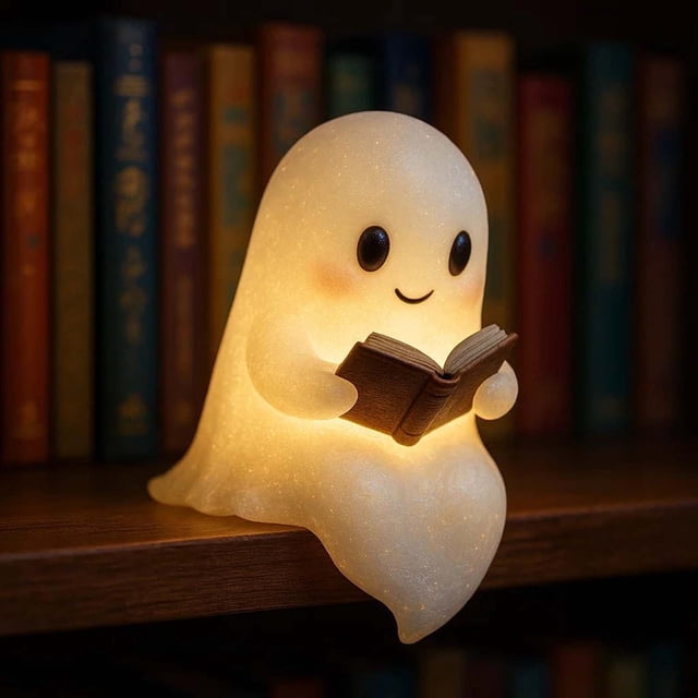 Lámpara de Lectura Fantasma de 15 Cm, Luz Nocturna con Forma de Estatua Fantasma Iluminada para Halloween, Decoración de Repisa a Pilas para El Hogar, Acogedora Decoración para Dormitorio, Estudio, F