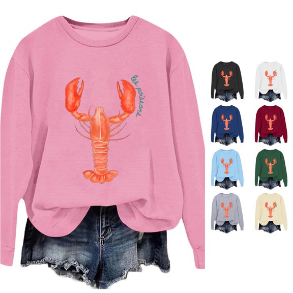 Trendfront Womens Everyday Lobster Graphic Sweatshirt Crewneck Long Sleeve Relaxed Fit Casual Fall Coastal Pullover Sweater Tops