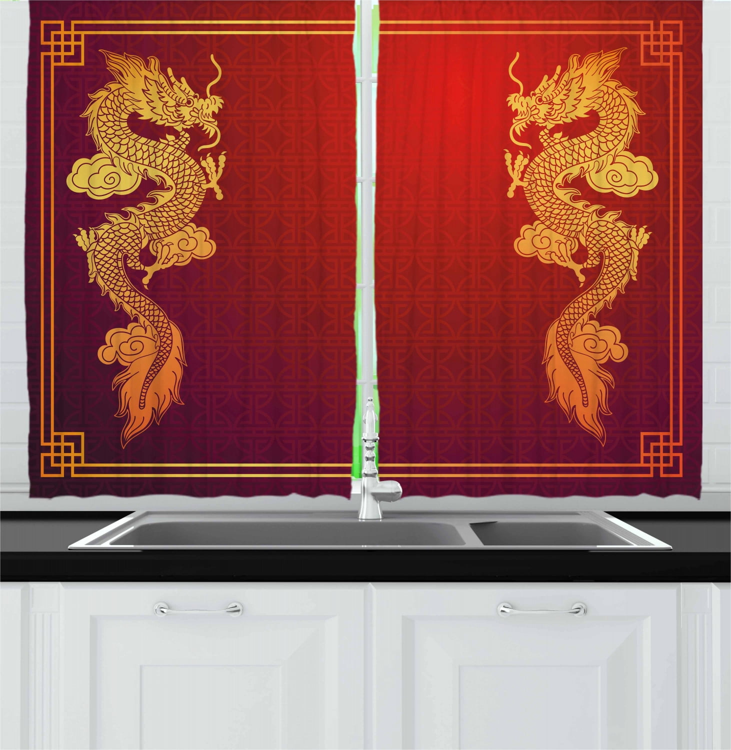 Dragon Curtains 2 Panels Set, Chinese Heritage Historical Asian Eastern