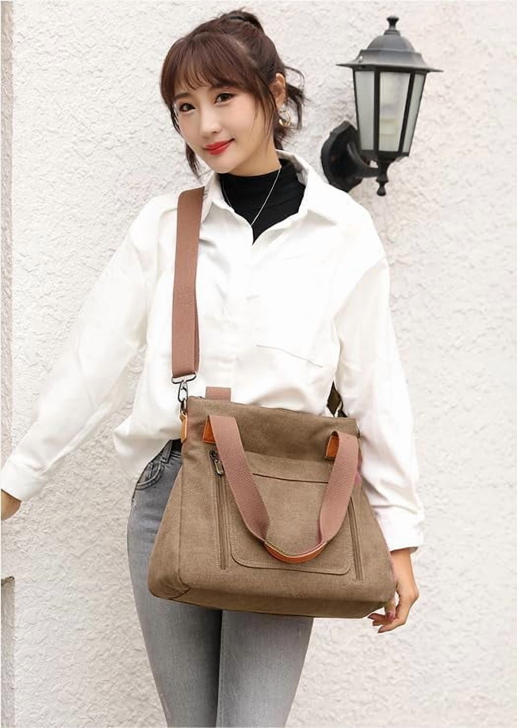 JennyShop Vintage Multi-pocket Handbags, Hot Sale Canvas Tote Purse for Women, Work Shoulder Crossbody Bag