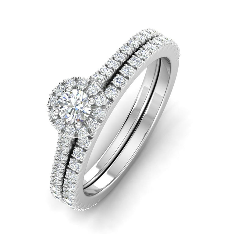Certified 5/8ctw Diamond Halo Bridal Set Engagement Ring in 10k White Gold  (G-H, I2-I3)