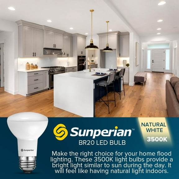 Sunperian BR20 LED Flood Bulb 6W 3500K Natural White 550lm Dimmable Enclosed Fixture Rated UL Listed E26 12-Pack
