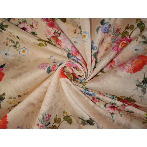 Products Chanderi silk fabric FLORAL PRINT cream with pink and blue 44" wide [12871]