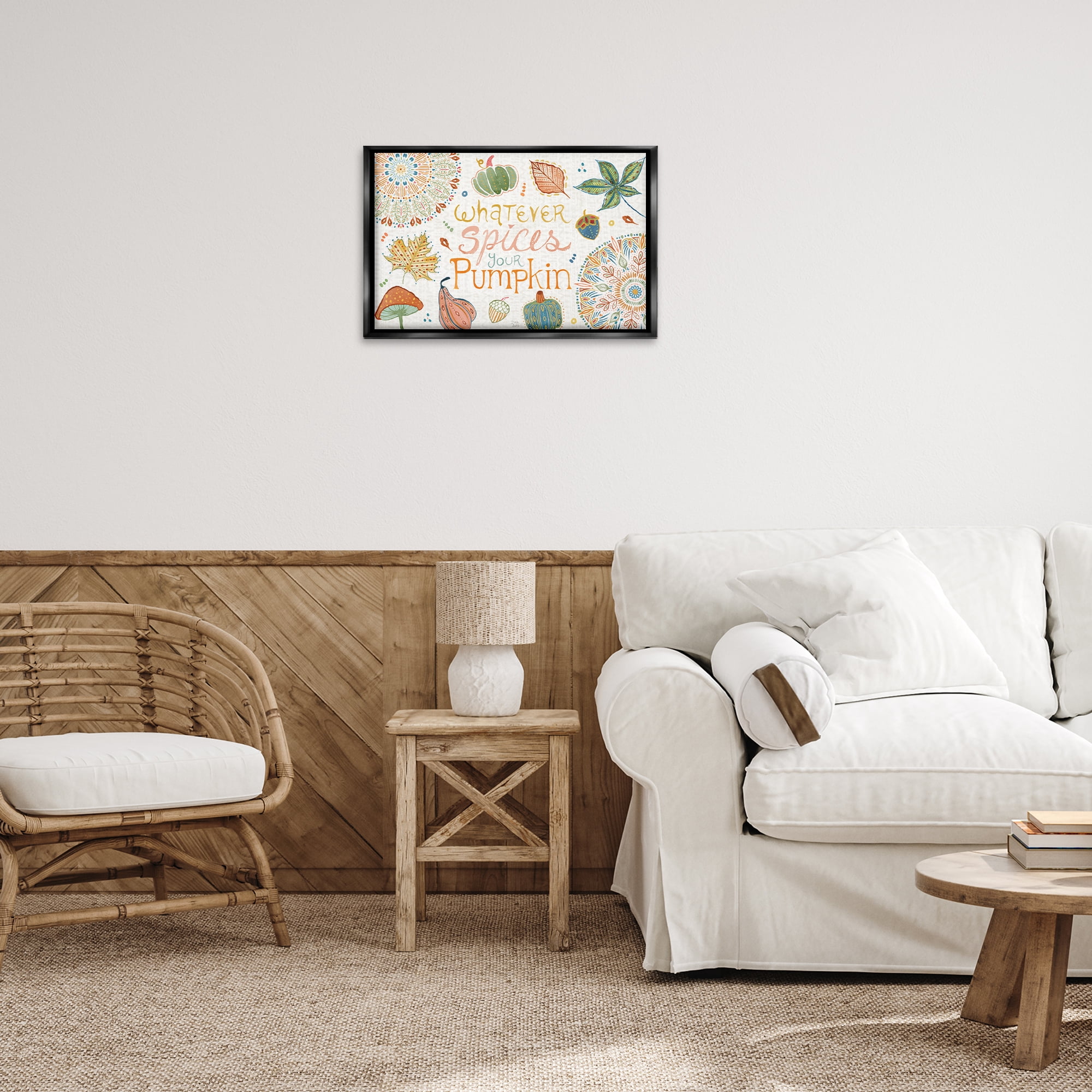 Stupell Industries Whatever Spices Your Pumpkin Holiday Painting Black Floater Framed Canvas Art Prints Wall Art, 25 x 17