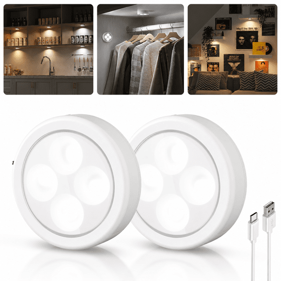 EZVALO LED Puck Lights, Closet Light Rechargeable, 2.95'' Mini Tap Lighting, 3 Light Colors, Stick on Install for Kitchen, Cabinet, Locker, 2 Pack