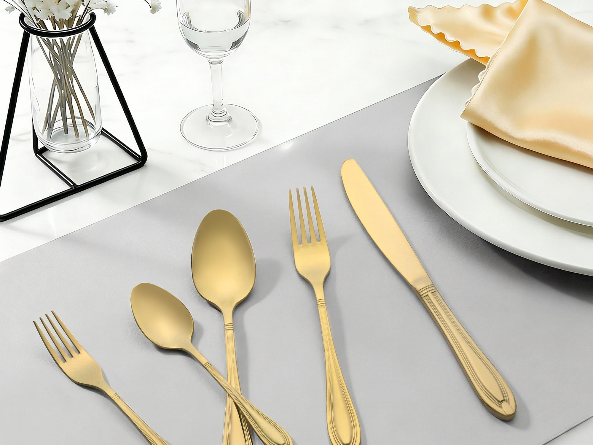 Unique Bargains 20 Pieces Stainless Steel Flatware Silverware Set Gold