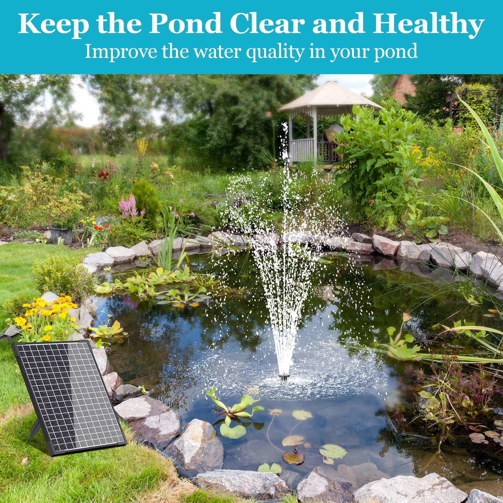 POPOSOAP 25W Solar Water Pump and Pond Filter System, Solar Powered Fountain Pump with Filter Box, 160GPH, for Outdoor Fish Ponds, Waterfalls and Gardens